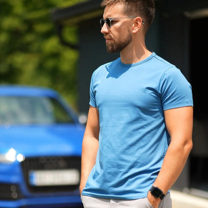 Denim blue men’s crew-neck made from premium cotton by Intersect Collection