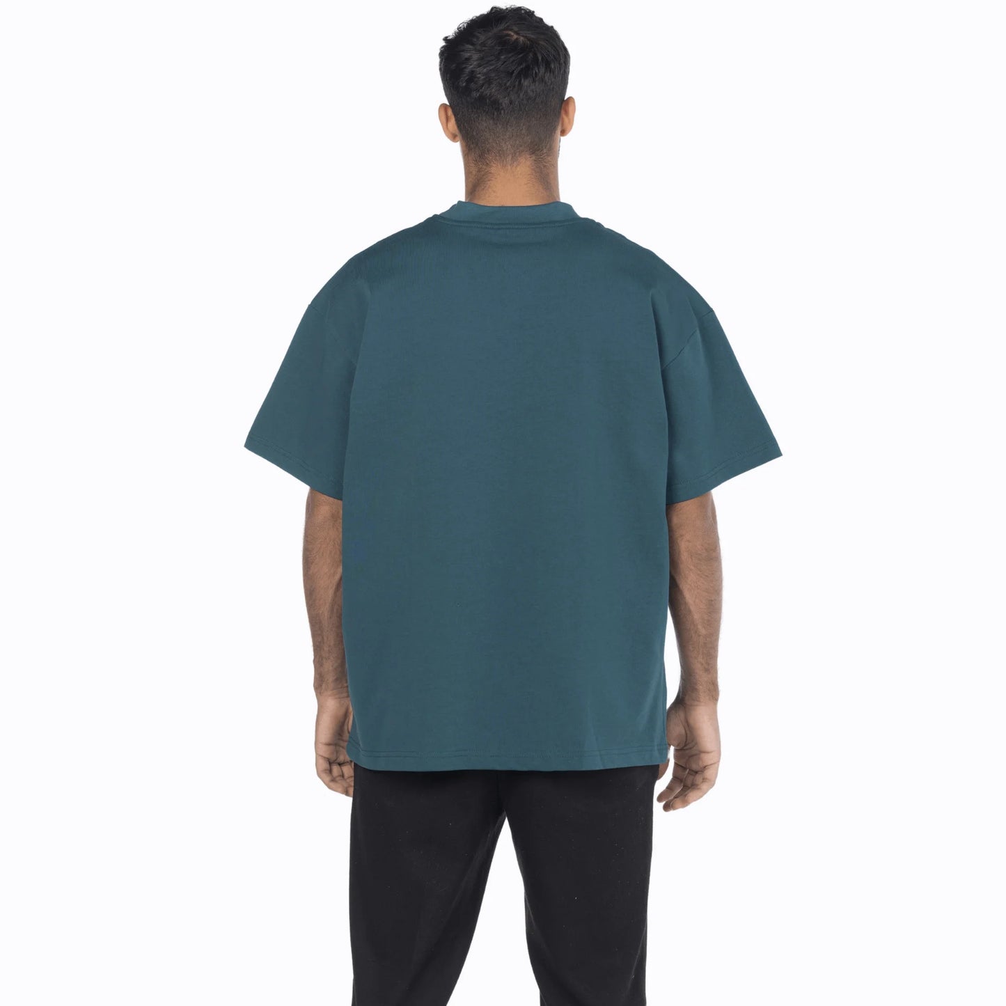 Model wearing a vintage blue premium  Egyptian cotton heavy jersey