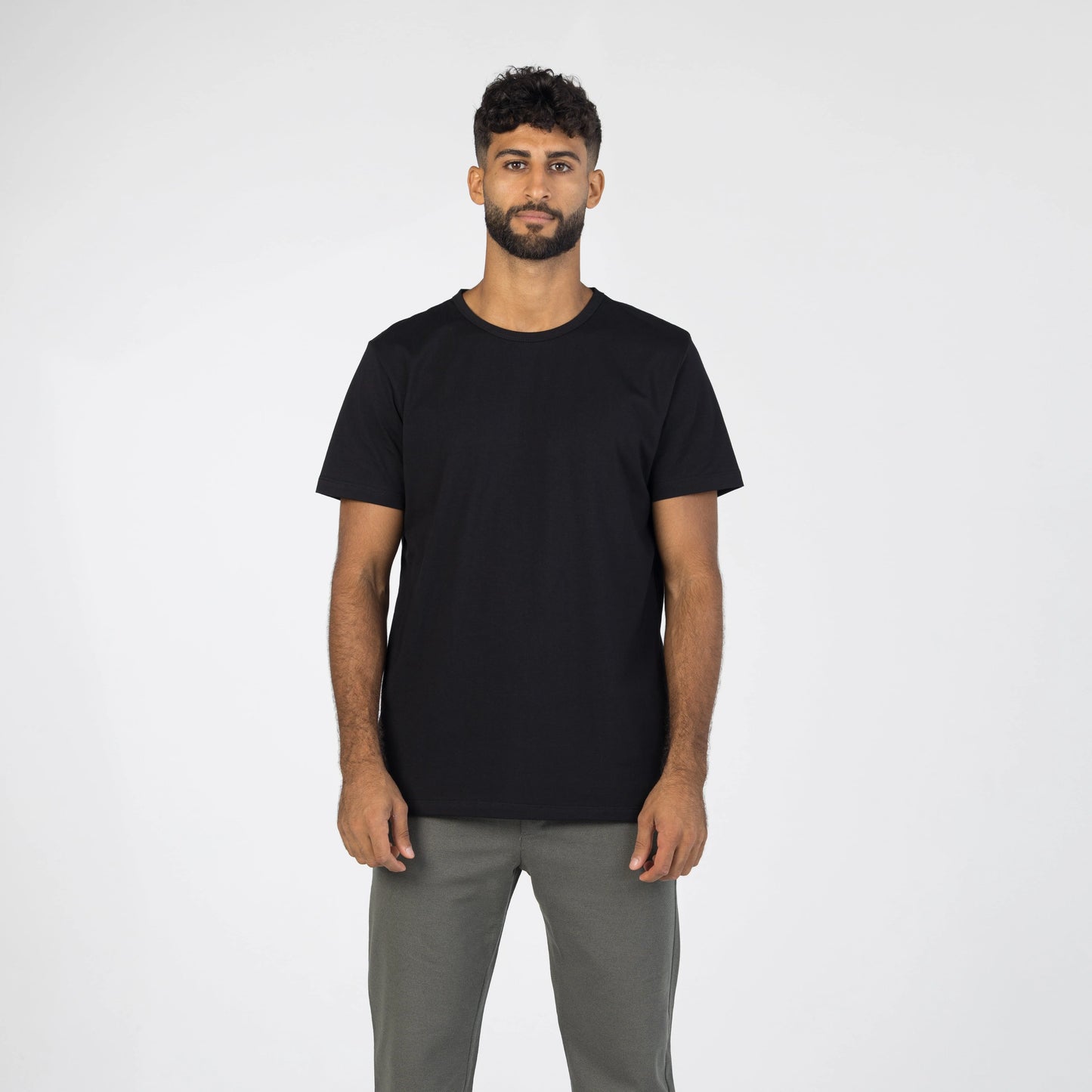 Model wearing a black Egyptian cotton t-shirt