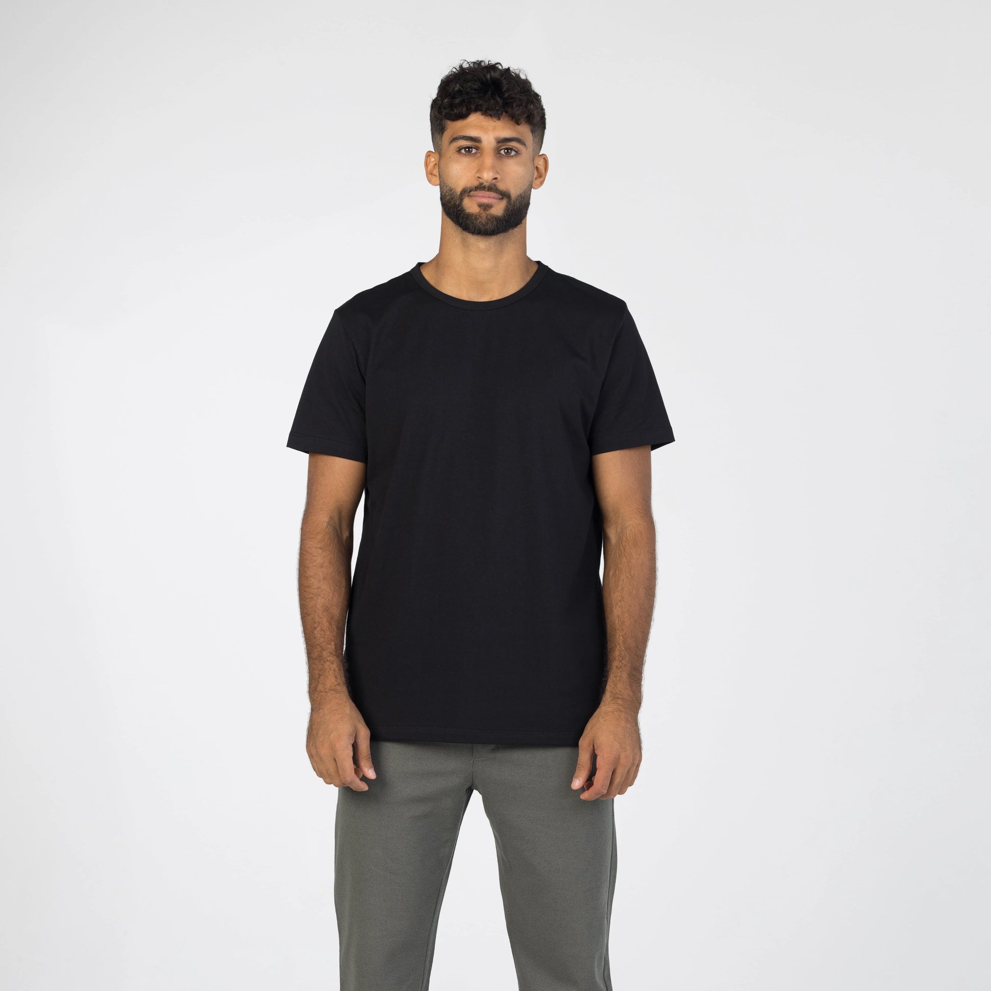 Model wearing a black Egyptian cotton t-shirt