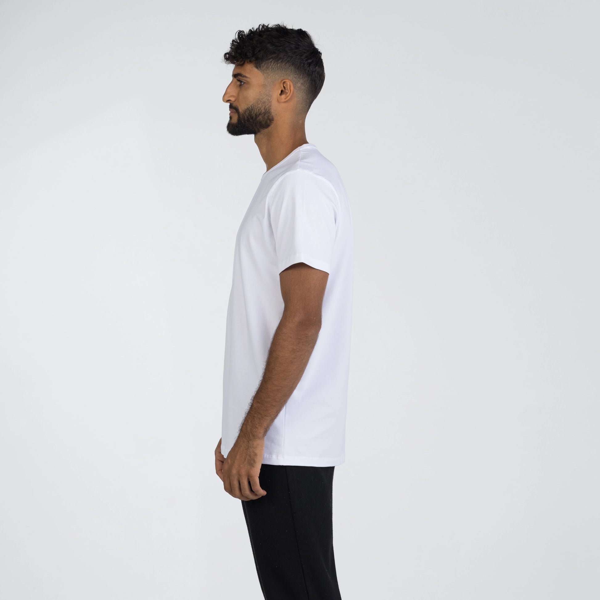 Model wearing a white Egyptian cotton t-shirt