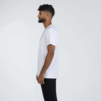 Model wearing a white Egyptian cotton t-shirt