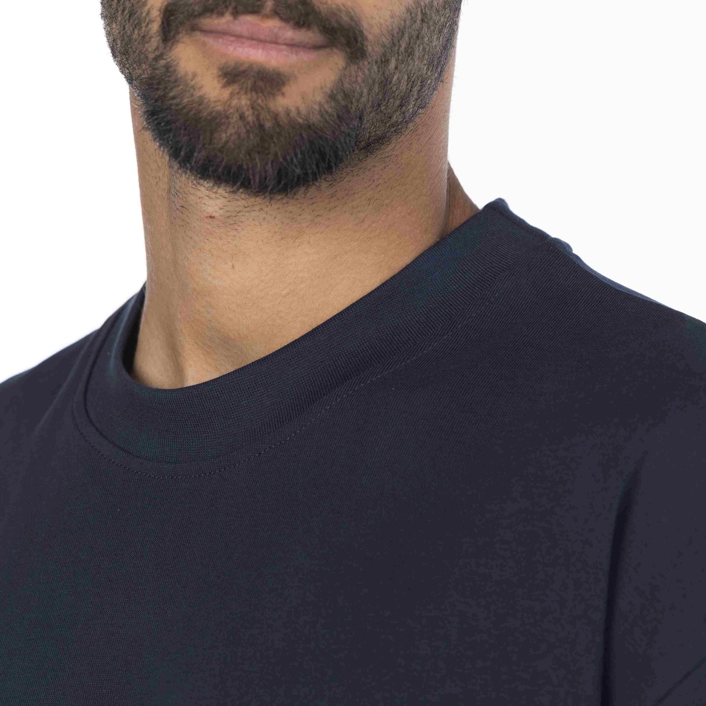 Close-up of soft navy Giza Egyptian cotton fabric used in Intersect Collection premium oversized t-shirts