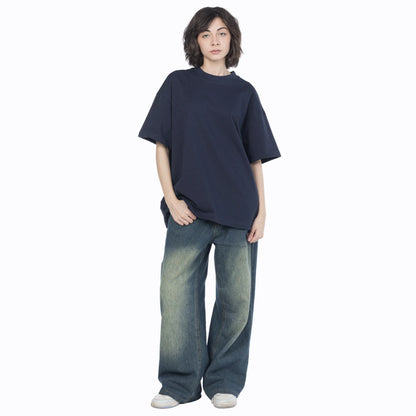 Female wearing Navy oversized t-shirt made from Egyptian cotton