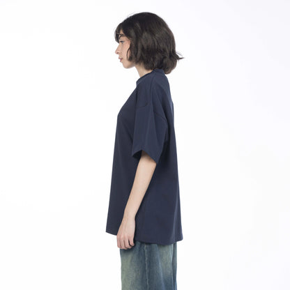 Female wearing Navy drop shoulder t-shirt made from premium cotton by intersect collection